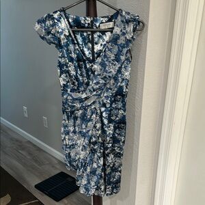 Guess Blue and White Ruched Flutter Sleeve Dress